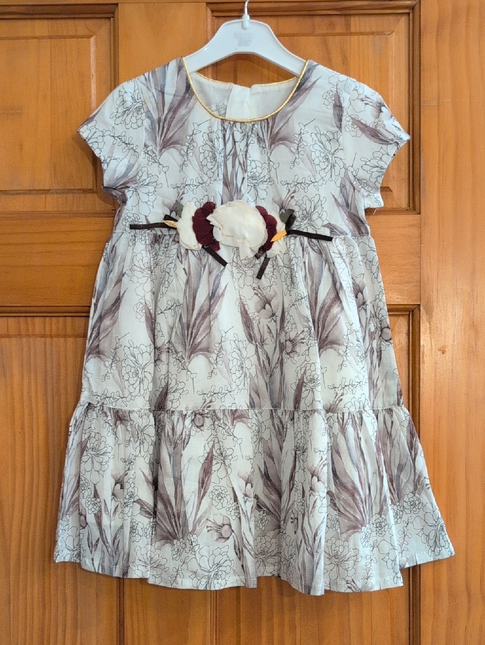 Girls Floral Tiered Dress with Accent Flowers - Cream and Brown